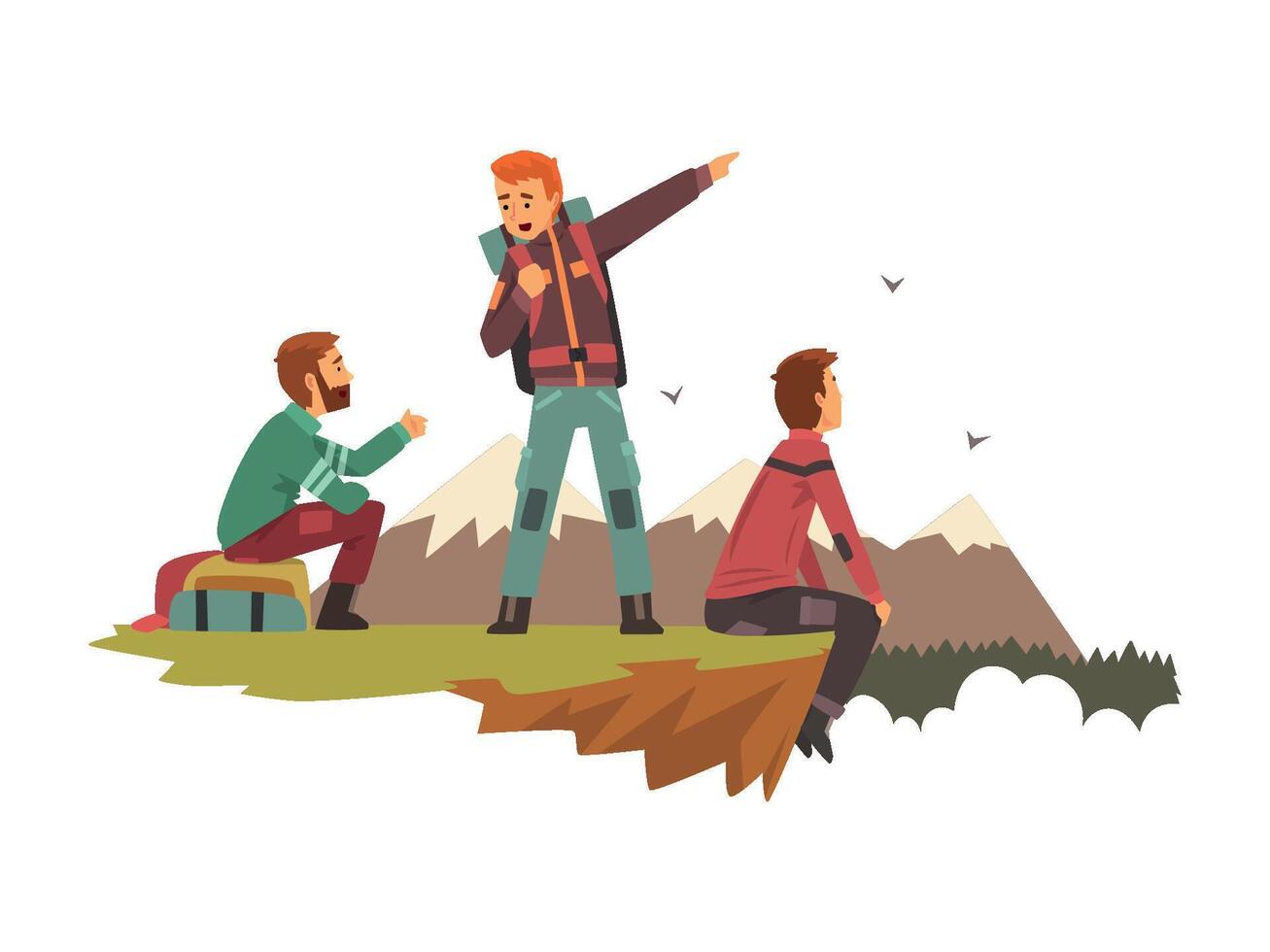 People resting on top of the mountain, men travelling together, tourists hiking in mountains, backpacking trip or expedition Illustration vector