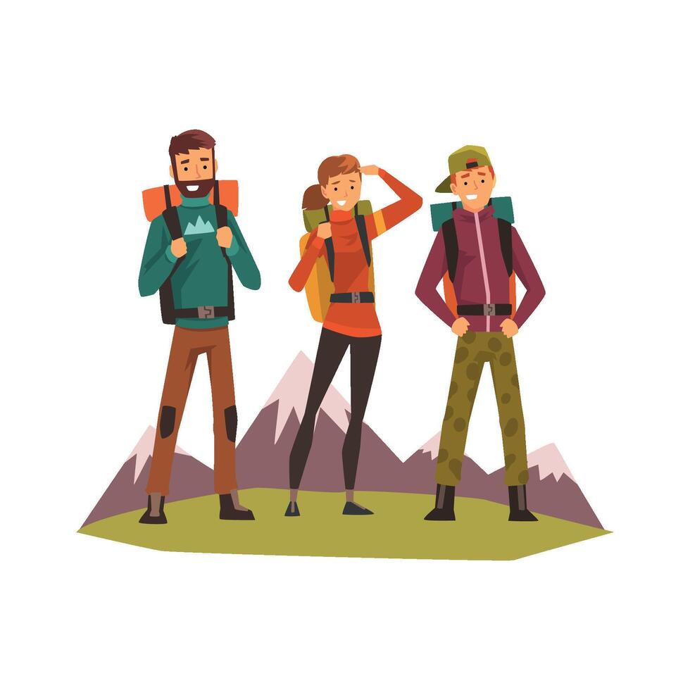 People travelling together, tourists hiking, mountain landscape, backpacking trip or expedition Illustration vector