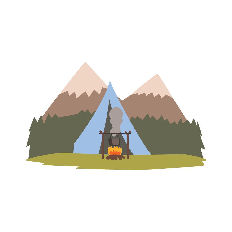 Summer landscape with mountains, forest and tent, camping, traveling, outdoor adventures Illustration vector