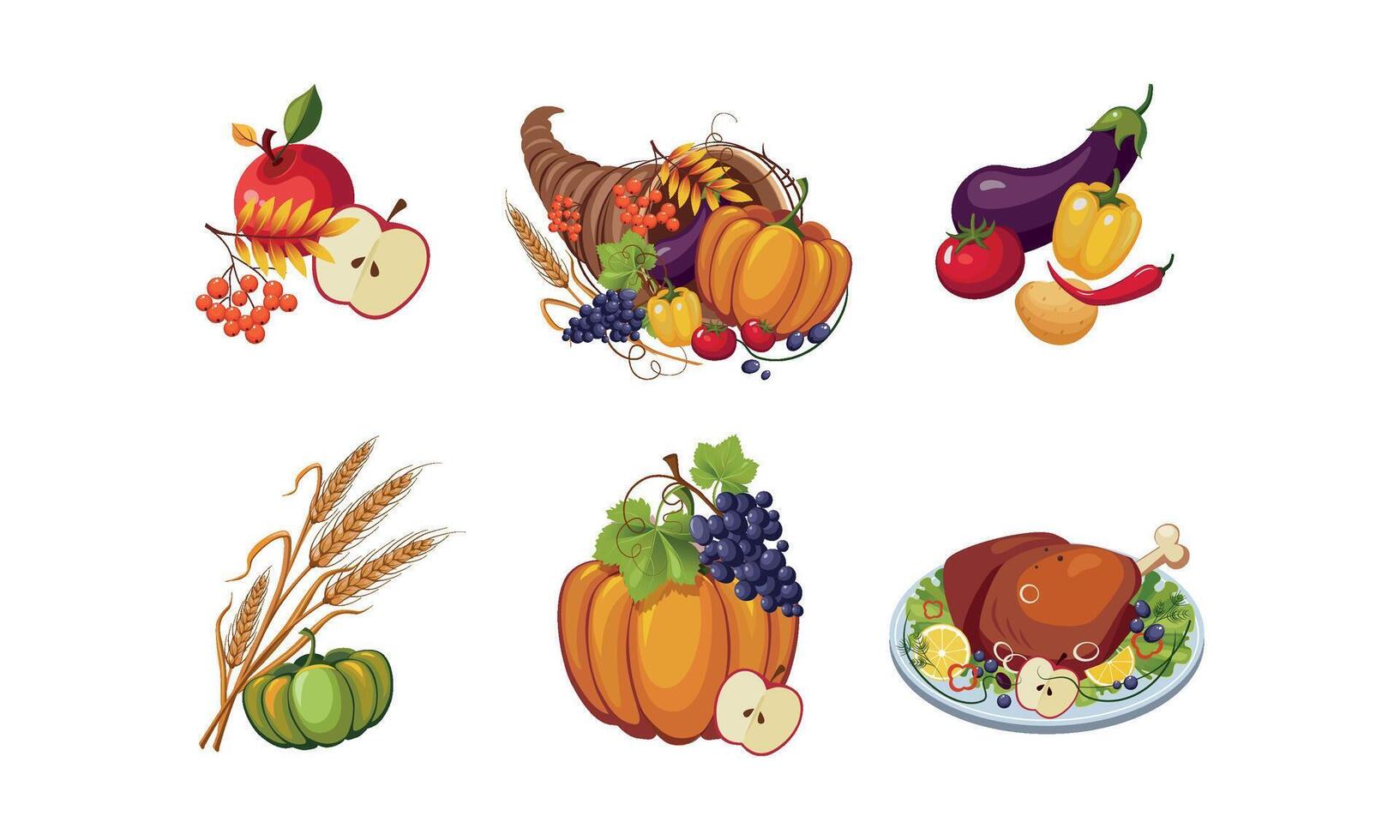 Autumn symbols, collection of Thanksgiving day holiday traditional elements Illustration vector