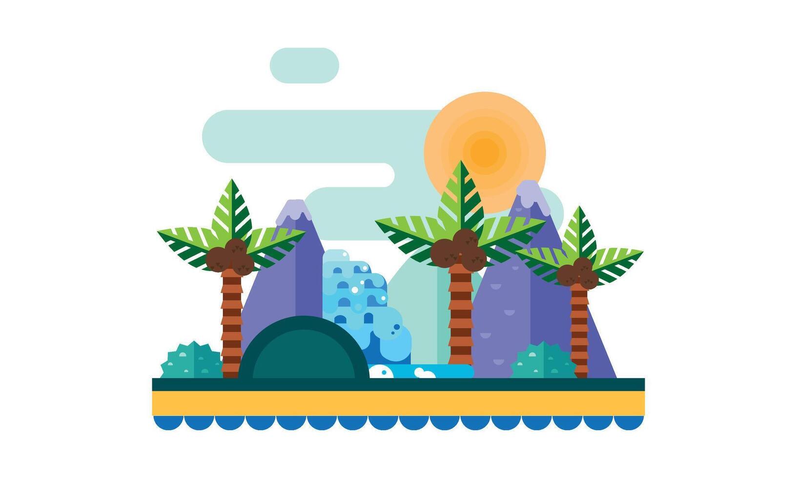 Beautiful landscape with tropical plants and trees, sand beach with palms, mountains and sun Illustration vector