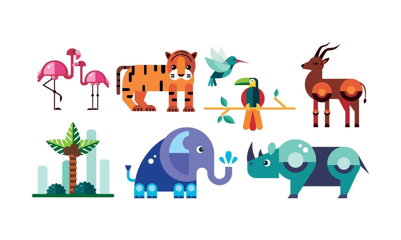 Cute polygonal African animals set, flamingo, tiger, antelope, parrot, elephant, rhino Illustration on a white background vector