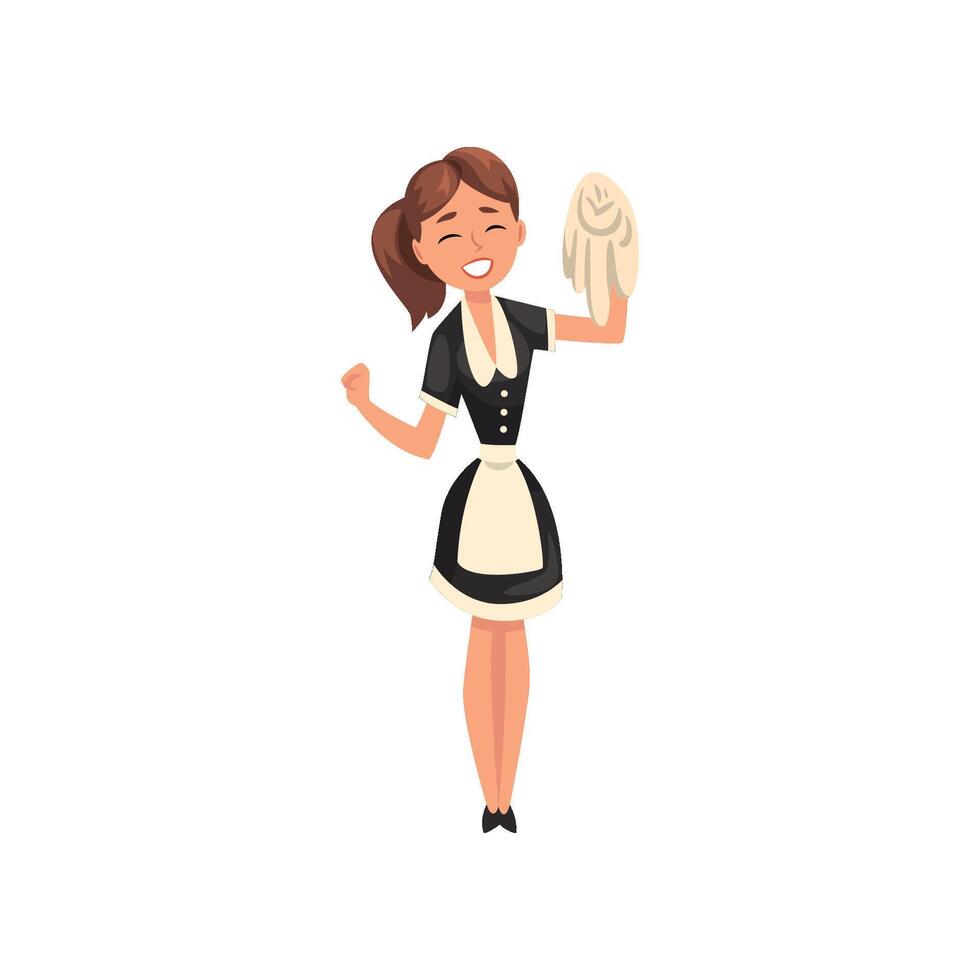 Smiling maid with rug, housemaid character wearing classic uniform with black dress and white apron, cleaning service Illustration vector
