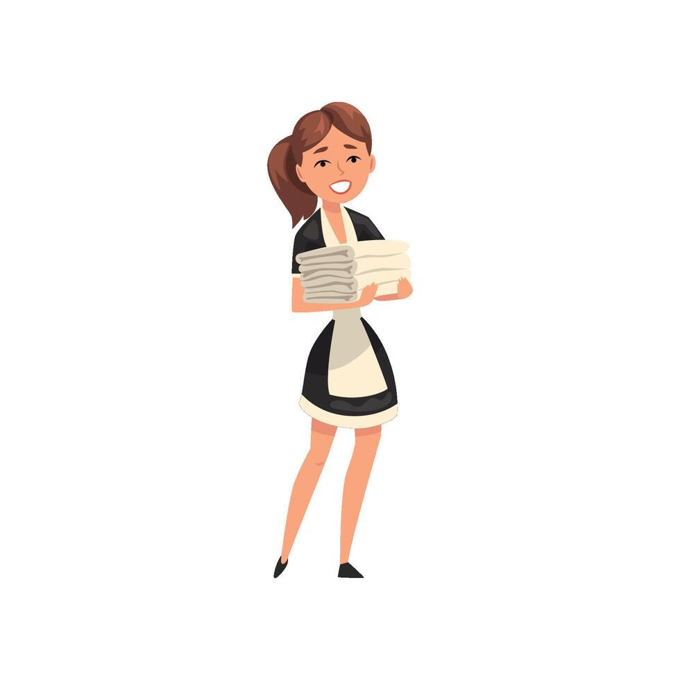 Smiling maid stack of clean laundry, housemaid character wearing classic uniform with black dress and white apron, cleaning service Illustration vector