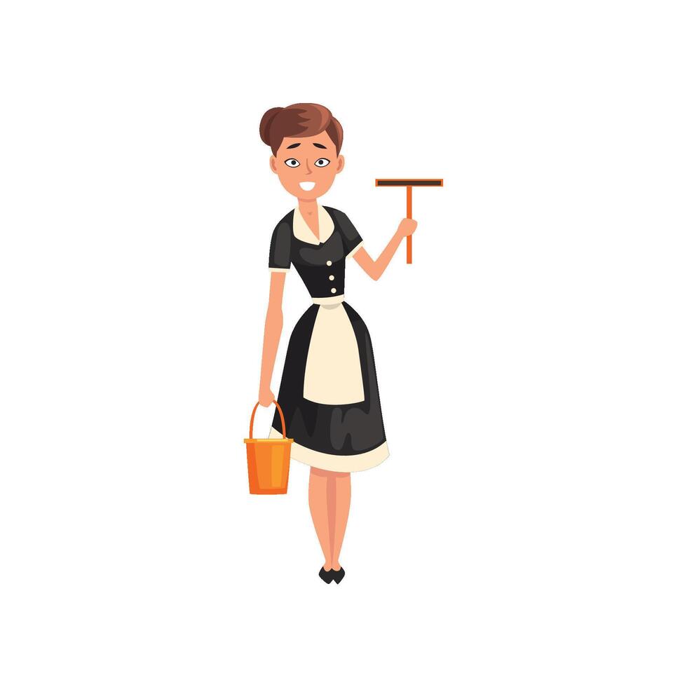 Smiling maid holding a squeegee and a bucket, housemaid character wearing classic uniform with black dress and white apron, cleaning service Illustration vector
