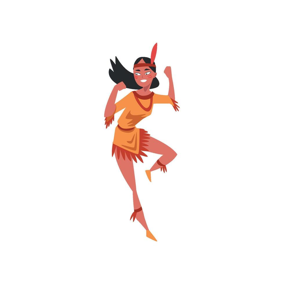 Beautiful native American Indian girl dancing, young woman in traditional ethnic clothes and headband with feather Illustration vector