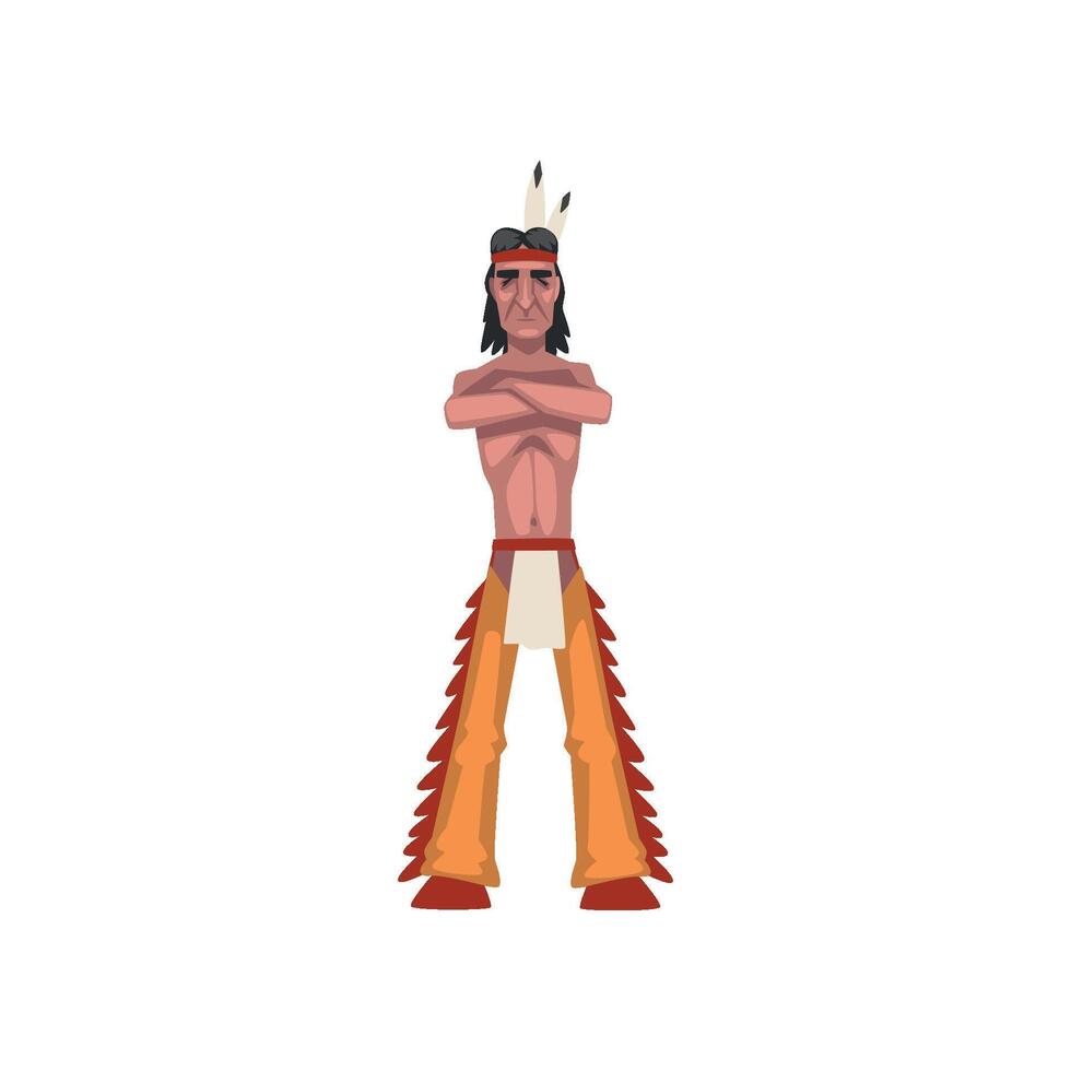 Native American Indian man standing with folded hands, tribe member in traditional ethnic clothes and headband with feather Illustration vector