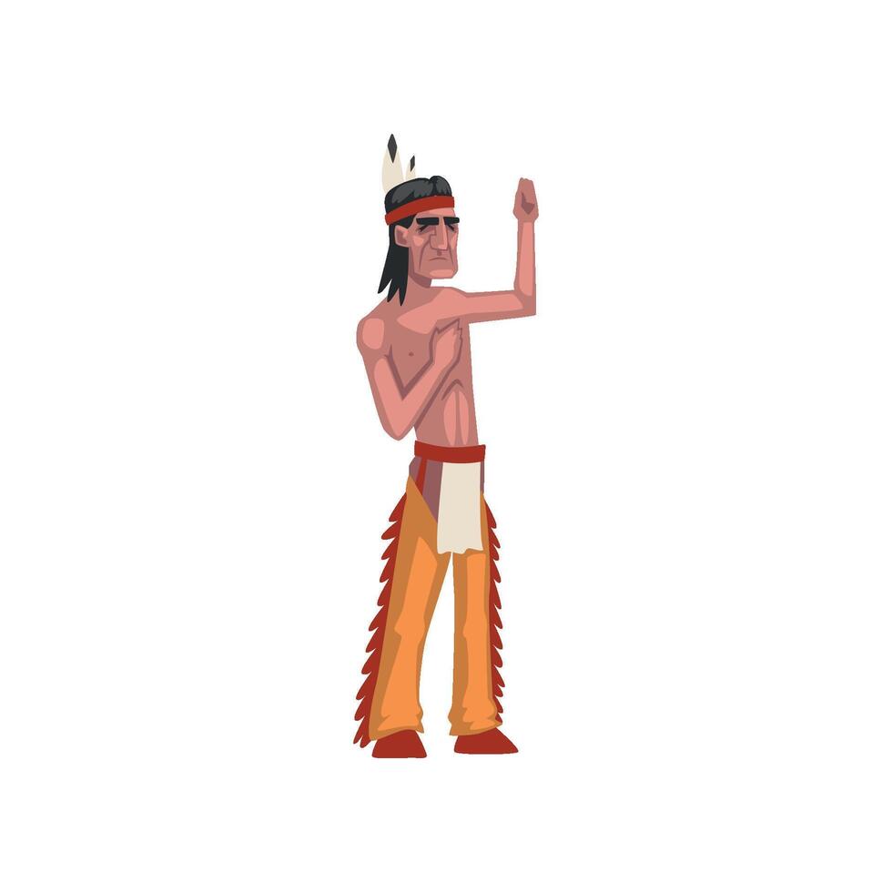 Native American Indian man showing hand sign, tribe member in traditional ethnic clothes and headband with feather Illustration vector