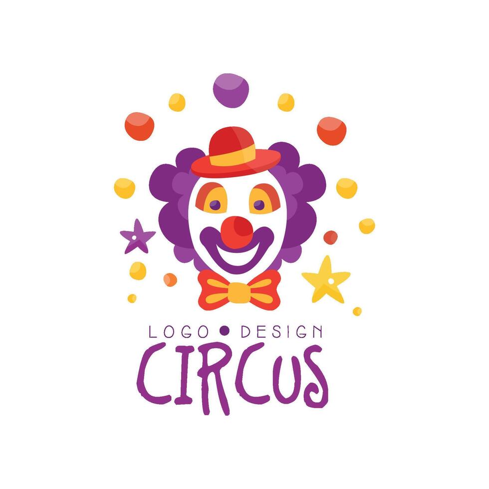 Circus logo design, carnival, festive, circus show label with clown, hand drawn template of flyear, poster, banner, invitation Illustration vector
