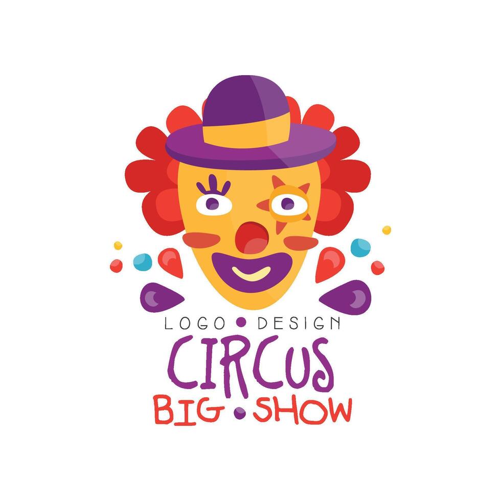 Circus big show logo design, carnival, festive, show label, badge, design element with funny clown can be used for flyear, poster, banner, invitation hand drawn Illustration vector