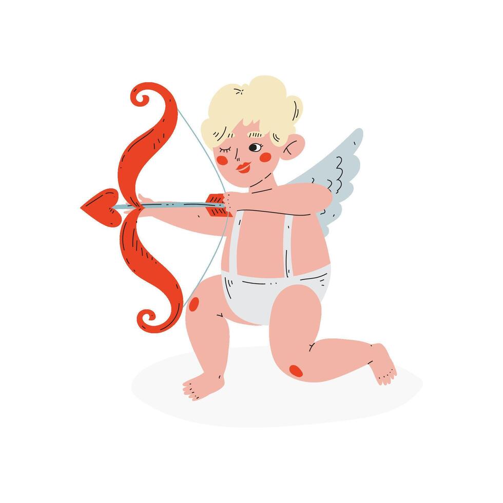 Cute Funny Cupid Aiming at Someone with Arrow of Love, Amur Baby Angel, Happy Valentine Day Symbol Illustration vector