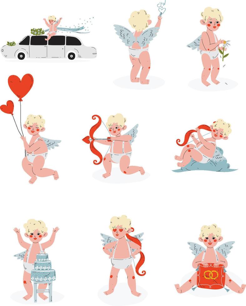 Cute Funny Cupid in Different Situations set, Amur Baby Angel in Various Poses, Happy Valentine Day Symbol Illustration vector