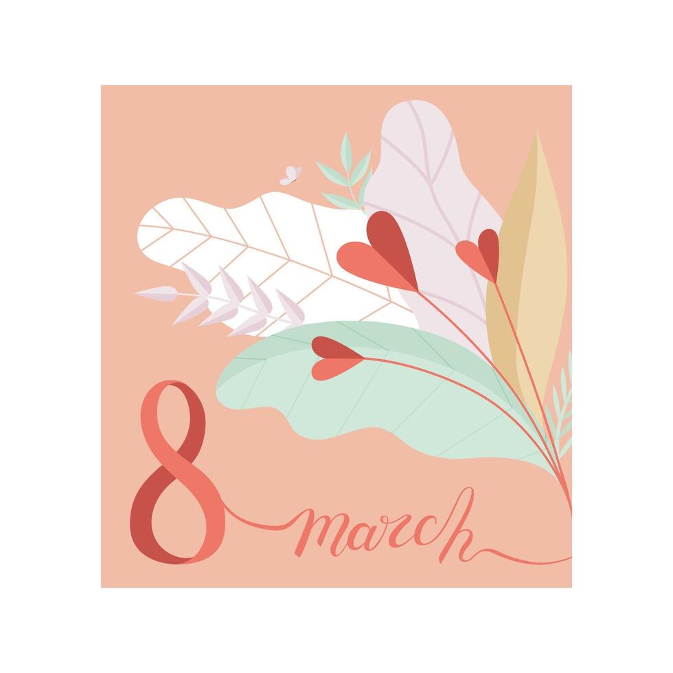 8 March Womens Day Greeting Card with Floral Elements, Party Invitation, Festive Banner Illustration vector