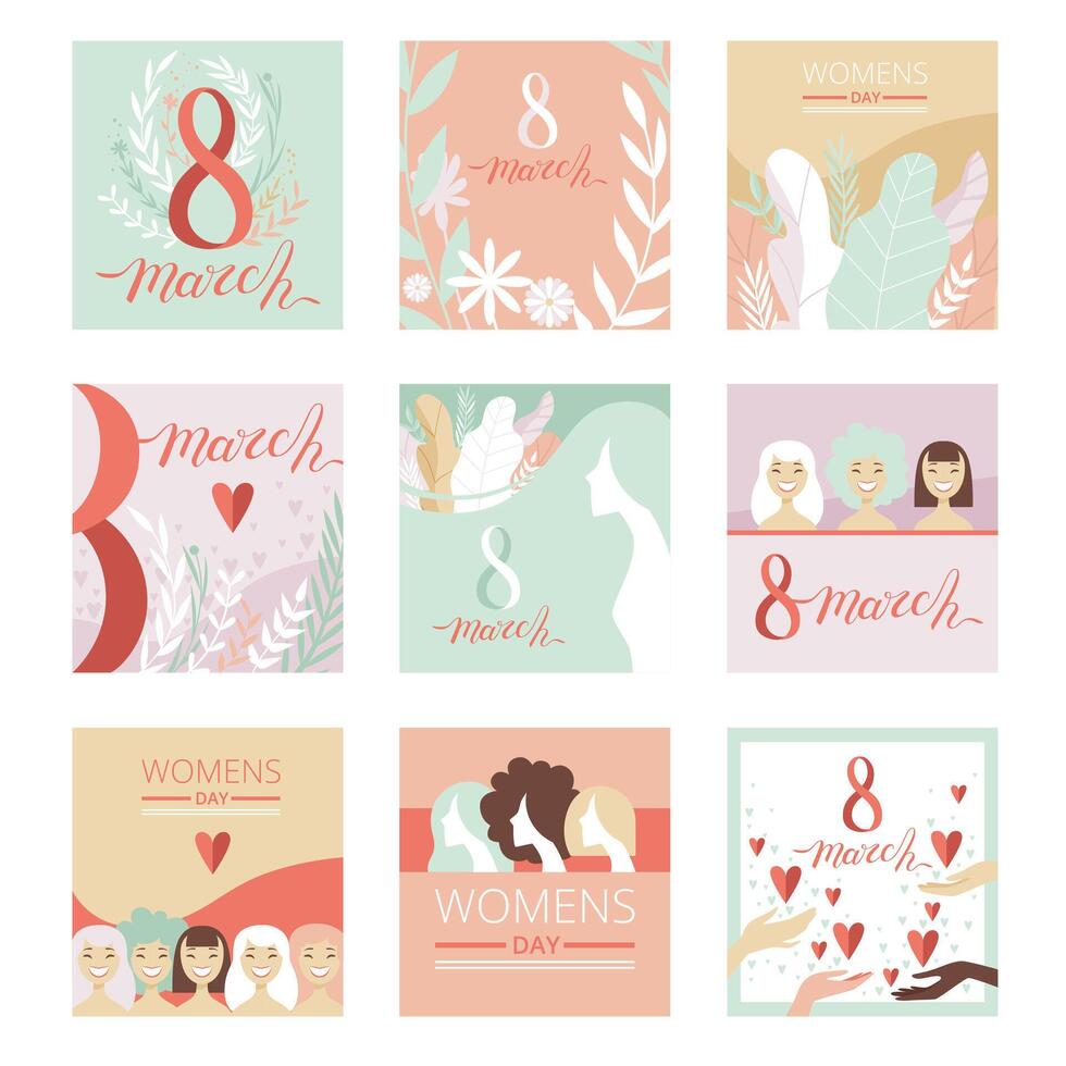 Collection of 8 March Greeting Cards, Party Invitation, Festive Banner, Spring or Summer Design Illustration vector
