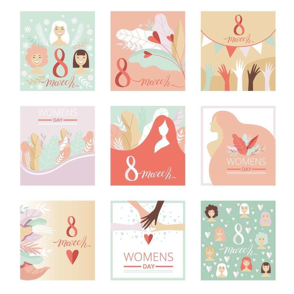 Collection of 8 March Womens Day Greeting Cards, Party Invitation, Festive Banner, Spring or Summer Design Illustration vector