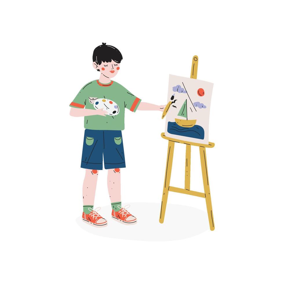 Boy Painting Picture on Easel, Hobby, Education, Creative Child Development Illustration vector