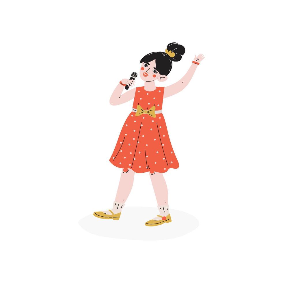 Girl Singing with Microphone, Talented Little Singer Character, Hobby, Education, Creative Child Development Illustration vector