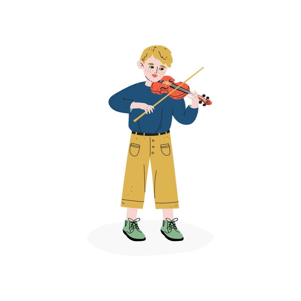 Boy Playing Violin, Talented Little Musician Character, Hobby, Education, Creative Child Development Illustration vector