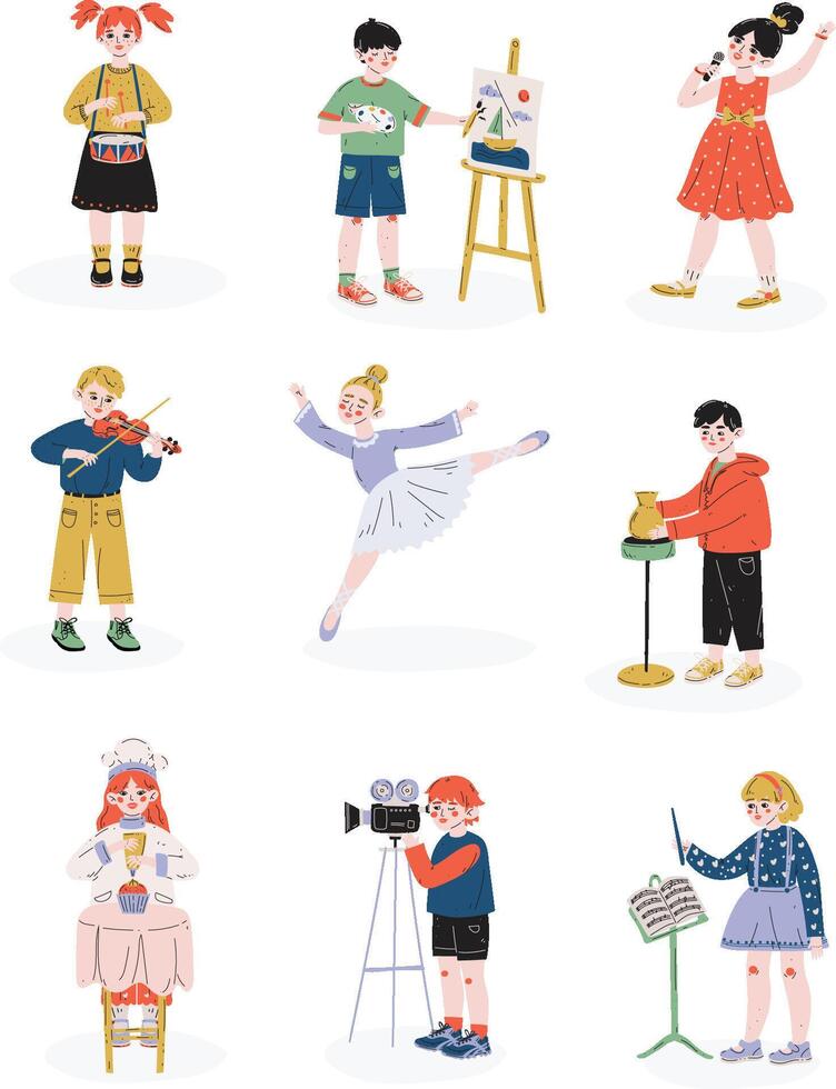 Children and their hobbies set, Boys and Girls Playing Music, Dancing, Singing, Cooking Hobby, Education, Creative Child Development Illustration vector