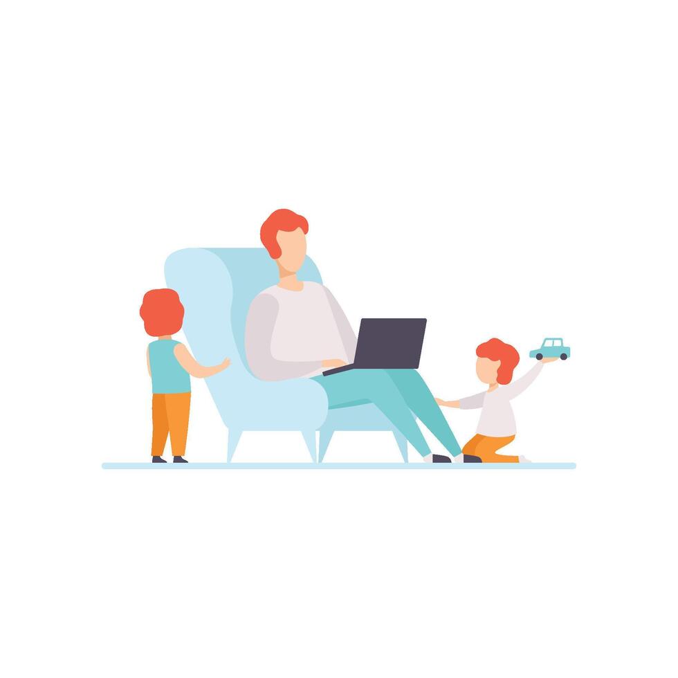 Father Working on Laptop Computer While Sitting on Sofa at Home, His Sons Playing Next to Him, Freelancer, Parent Working with Children, Illustratio vector