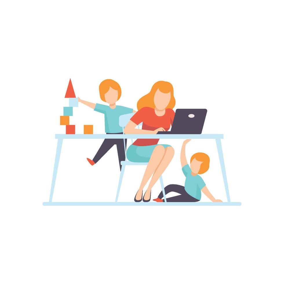 Young Mother Working at Home on Laptop Computer, Her Sons Playing Next to Her, Freelancer, Parent Working with Children, Mommy Businesswoman Illustration vector