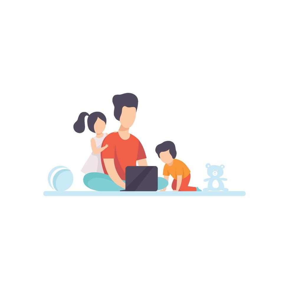 Young Mother Sitting on Floor and Working on Laptop Computer, Her Daughter and Son Playing Next to Her, Freelancer, Parent Working with Child, Mommy Businesswoman Illustration vector