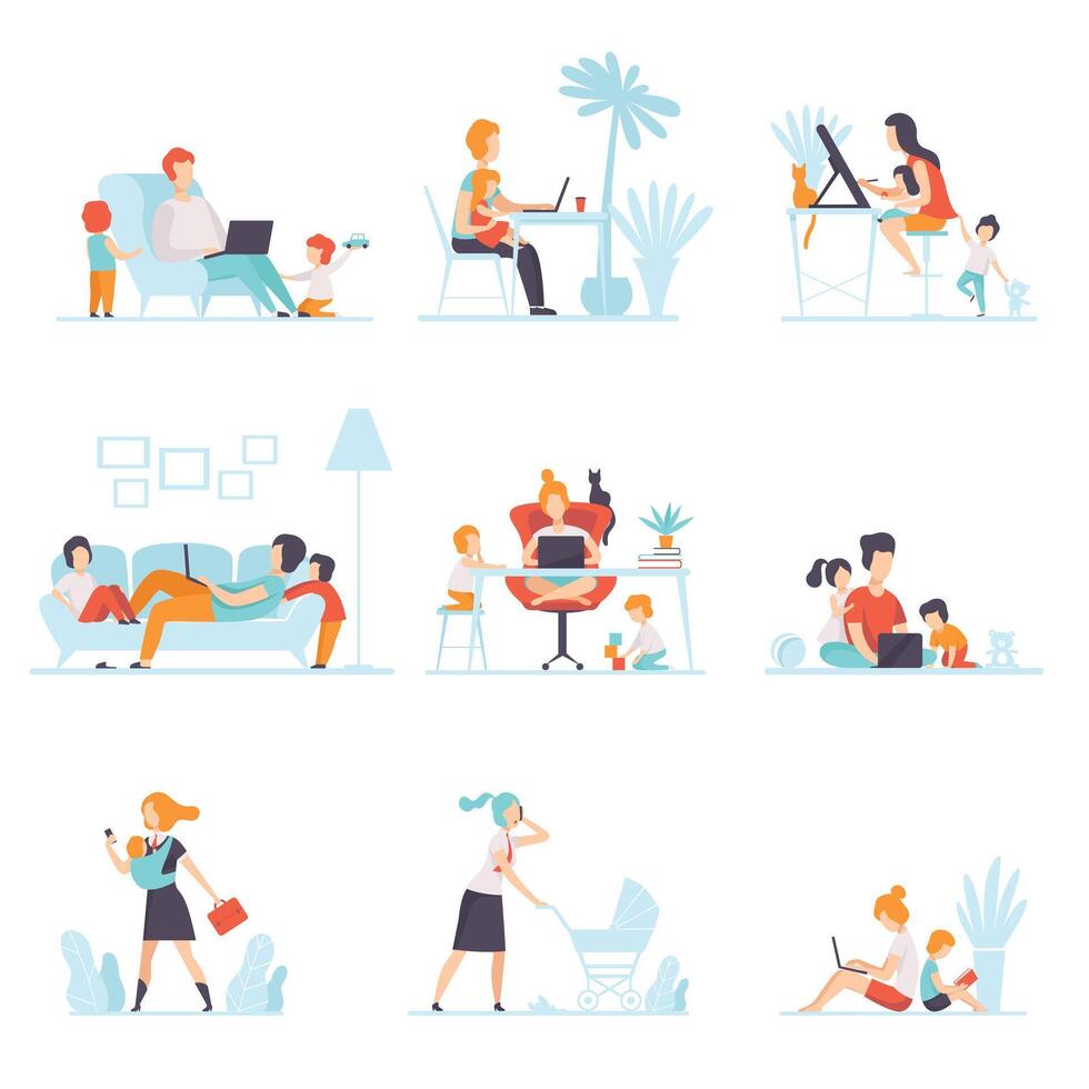Parents Working at Home on Computers Set, Their Children Playing Next to Them, Mothers and Fathers Working with Children, Businesspeople Illustration vector