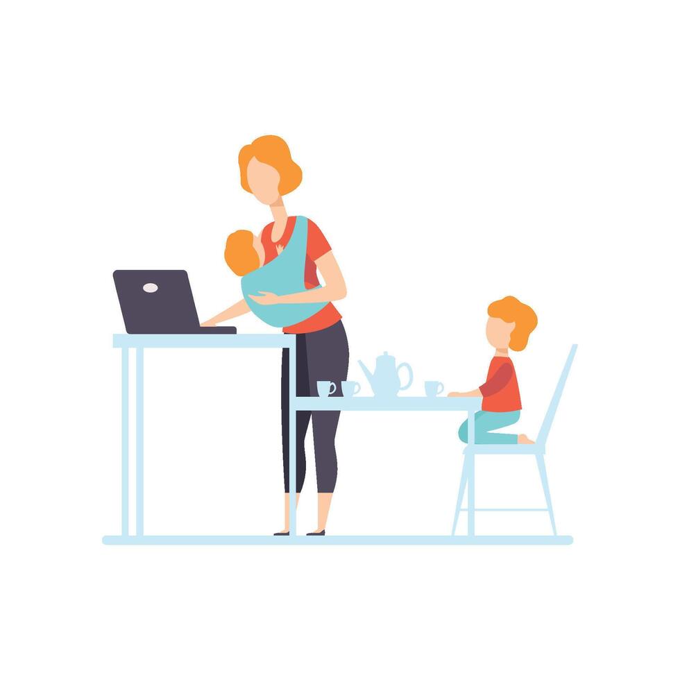Young Mom with Baby in Sling Working on Laptop Computer, Her Oldest Daughter Playing Next To Her, Freelancer, Parent Working with Child, Mommy Businesswoman Illustration vector