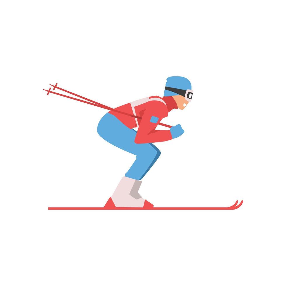 Skiing Sportsman, Male Athlete Character in Sports Uniform and Goggles, Active Sport Healthy Lifestyle Illustration vector