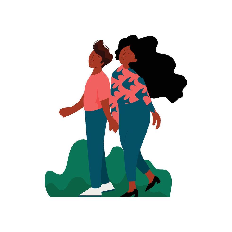 African American Romantic Couple Holding Hands while Walking, Happy Lovers on Date Illustration vector