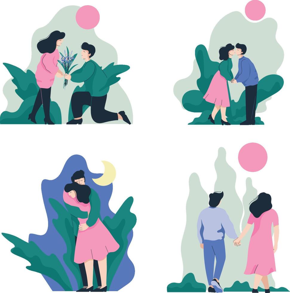 Man and Woman Walking, Embracing and Kissing on Nature Set, Romantic Couple, Happy Lovers on Date Illustration vector