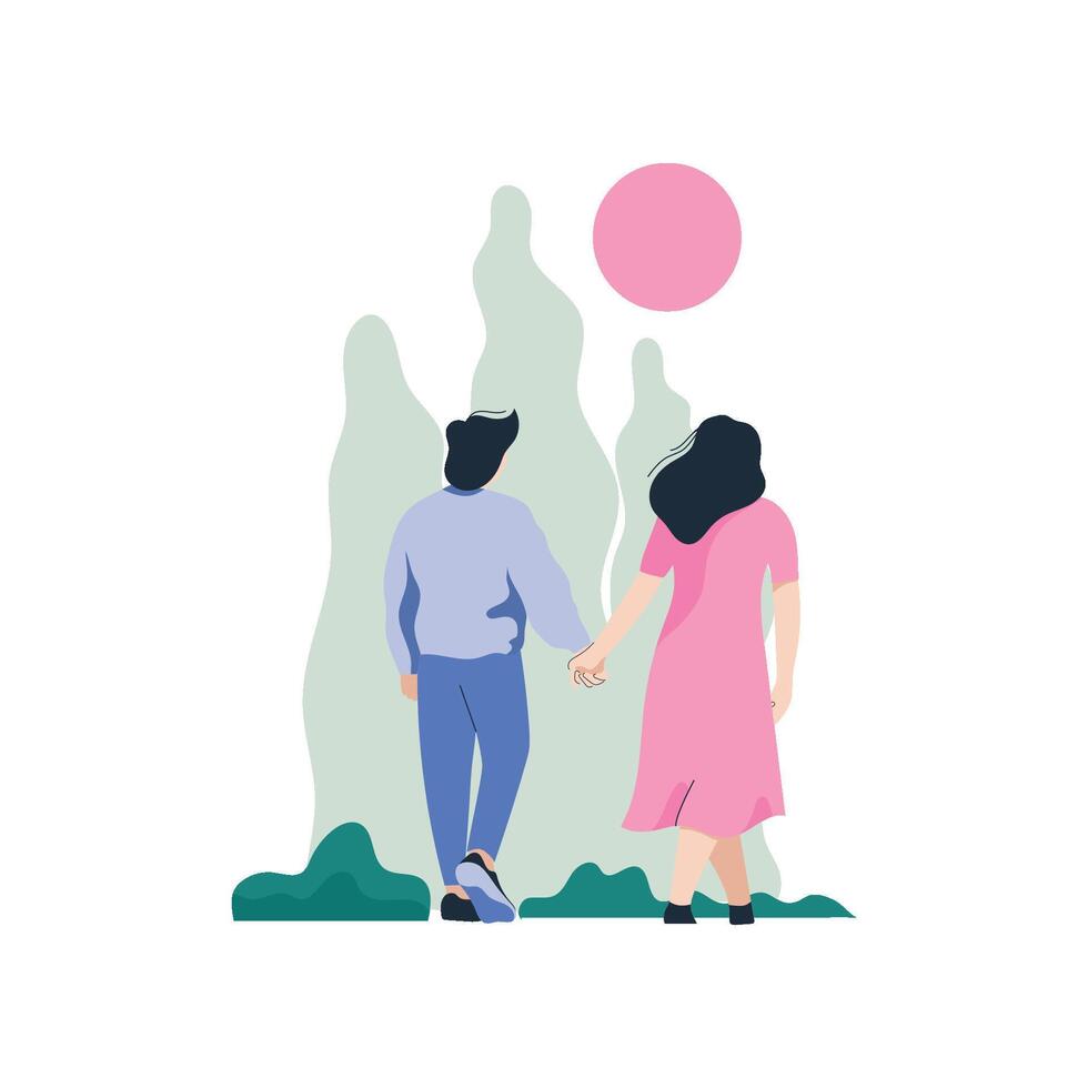 Romantic Couple Walking on Nature at Sunset, Happy Lovers on Date, Back View Illustration vector