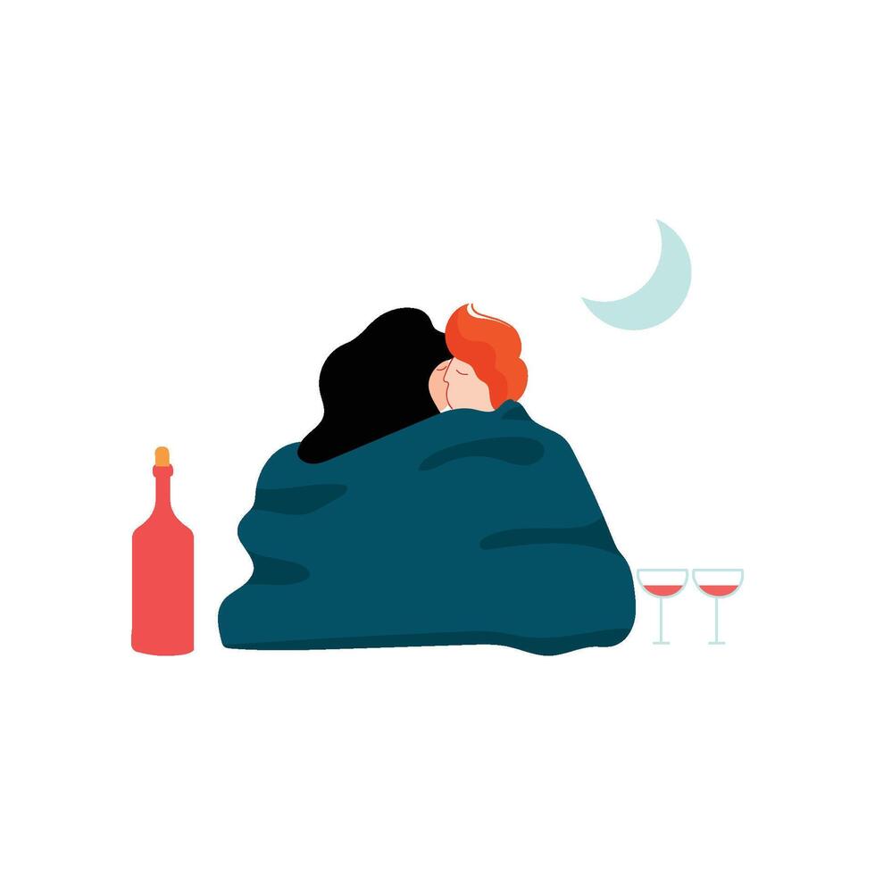 Young Man and Woman Wrapped in Blanket Embracing Each Other at Night Picnic, Romantic Couple, Happy Lovers on Date Illustration vector