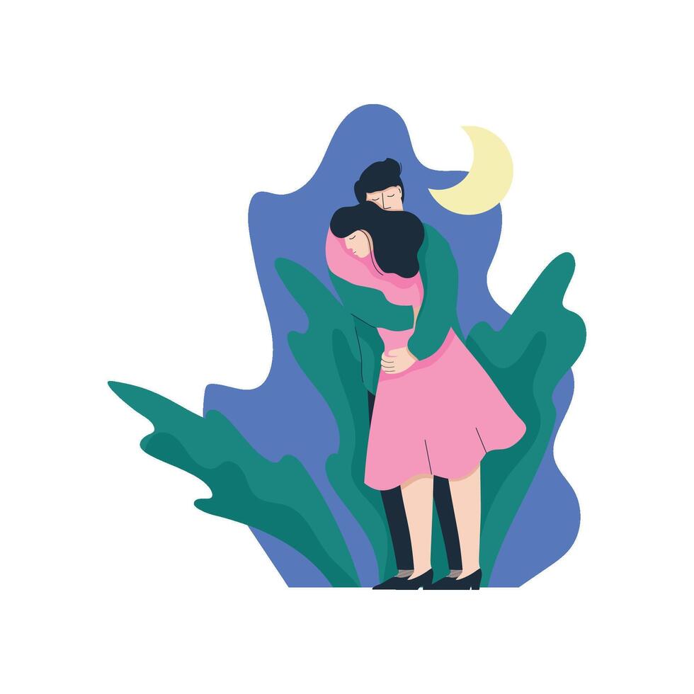 Romantic Couple Embracing on Nature at Night, Happy Lovers on Date, Back View Illustration vector