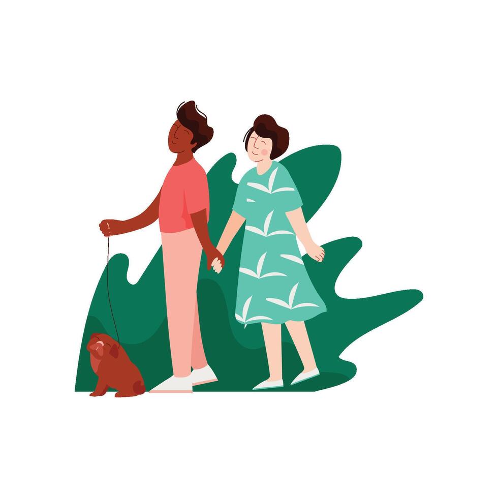 Young Man and Woman Walking Holding Hands on Nature, Multicultural Romantic Couple, Happy Lovers on Date Illustration vector
