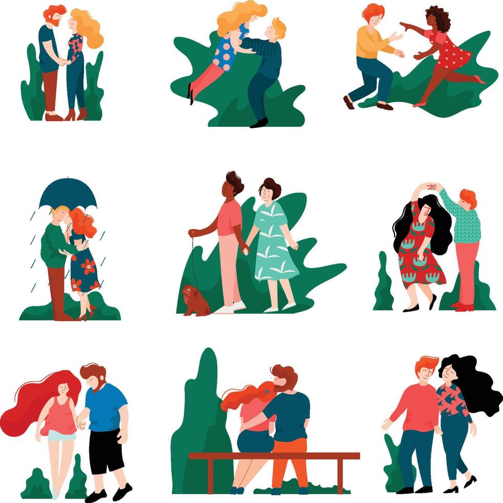 Collection of Happy Young Men and Women on Dates, Romantic Couples Walking, Embracing, Kissing and Holding hands, Happy Lovers on Date Illustration vector