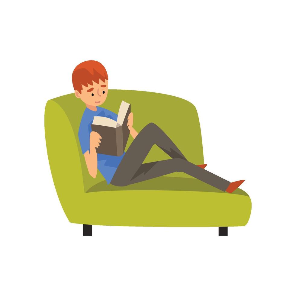 Teen Boy Sitting on Couch and Reading Book, Child Spending Weekend at Home and Relaxing, Rest at Home Illustration vector