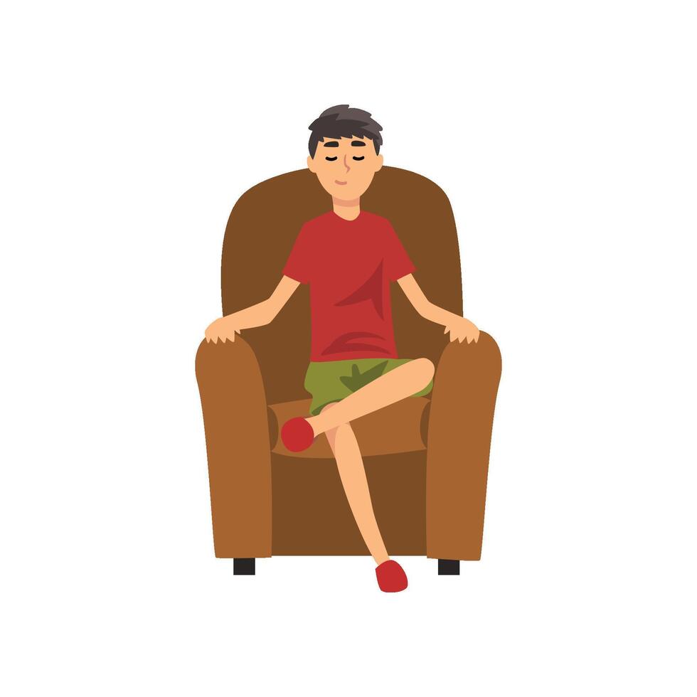 Young Man Sitting on Chair with Closed Eyes, Guy Spending Weekend at Home and Relaxing, Rest at Home Illustration vector