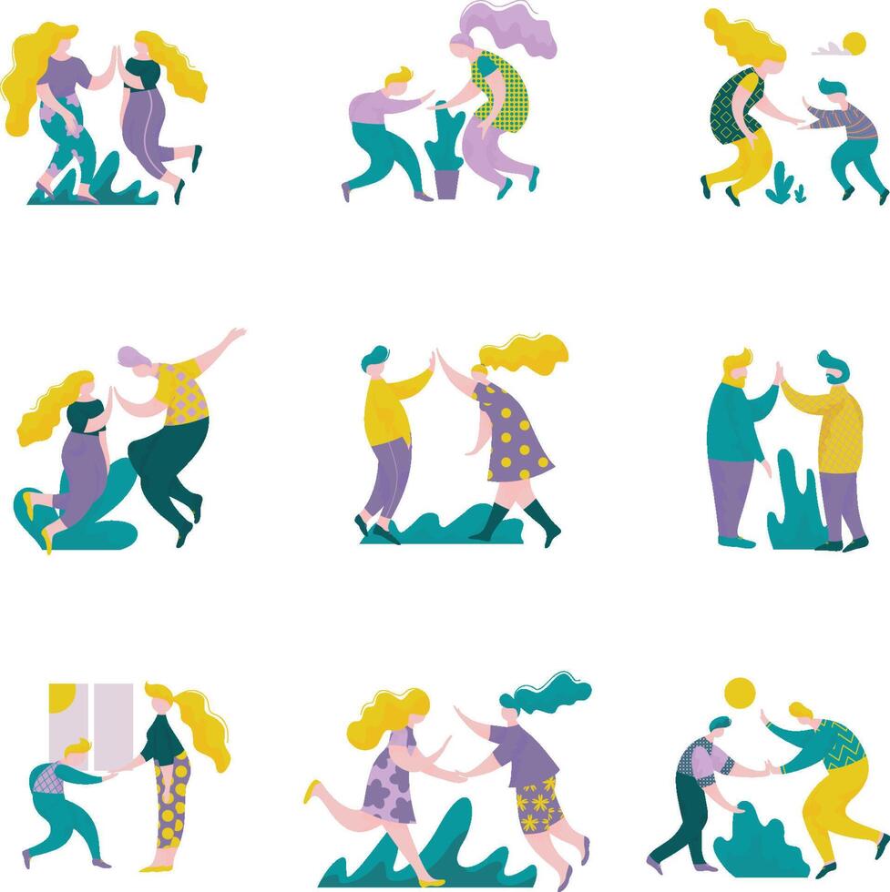 People Giving High Five to Each Other Set, Male and Female Characters Having Fun, Human Interaction, Friendship, Teamwork, Cooperation Illustration vector