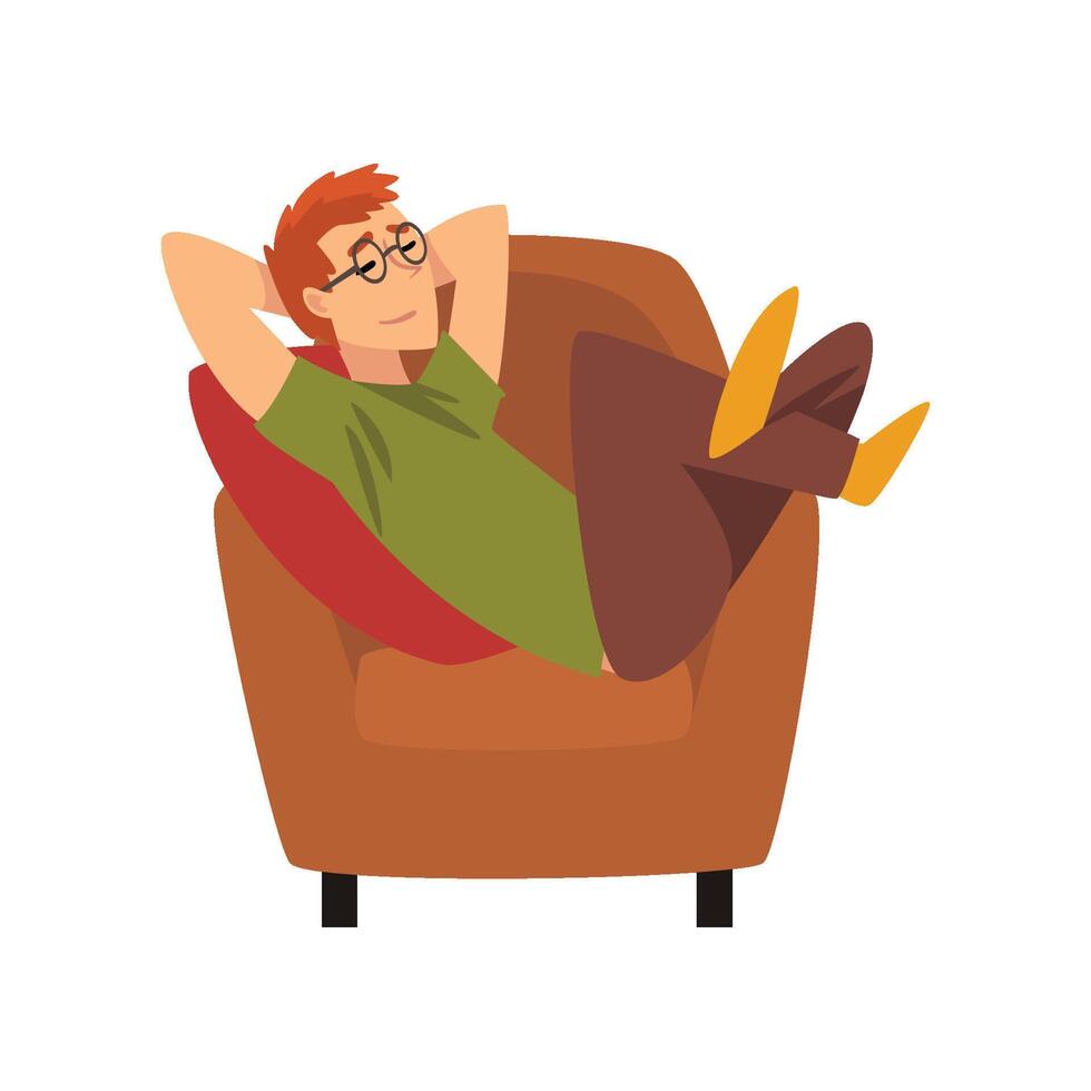 Young Man Sitting on Armchair and Dreaming, Guy Spending Weekend at Home and Relaxing, Rest at Home Illustration vector