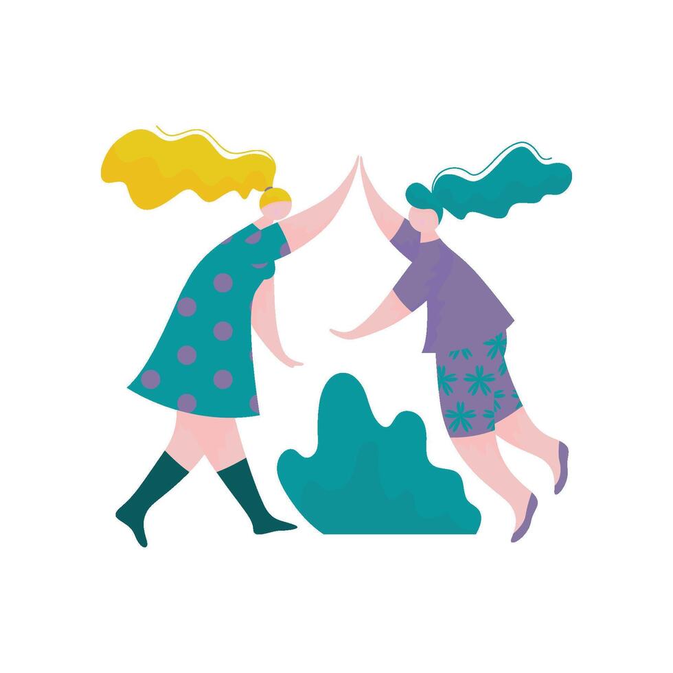 Two Beautiful Plump Girls Giving High Five to Each Other, Female Characters Having Fun, Human Interaction, Friendship, Teamwork, Cooperation Illustration vector