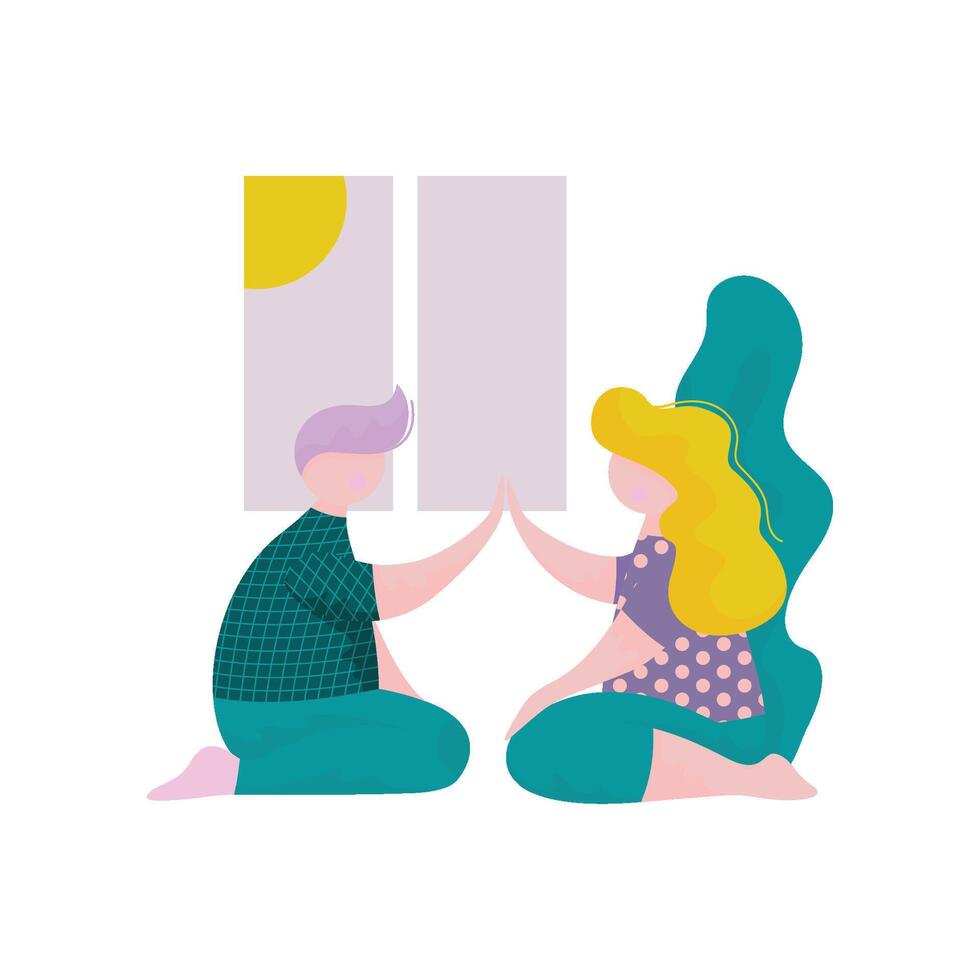 Young Man and Woman Giving High Five to Each Other While Sitting in Front of Window, Male and Female Characters Having Fun, Human Interaction, Friendship, Teamwork, Cooperation Illustration vector