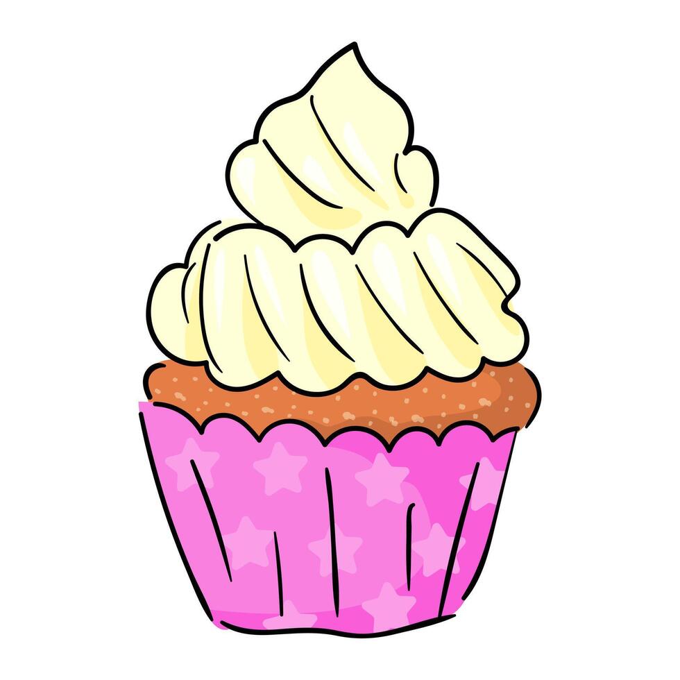 Cupcake with milk cream, paper. Muffin dessert sweet, food. Bakery shop, cooking, tea party. Hand drawn flat doodle cupcake. vector
