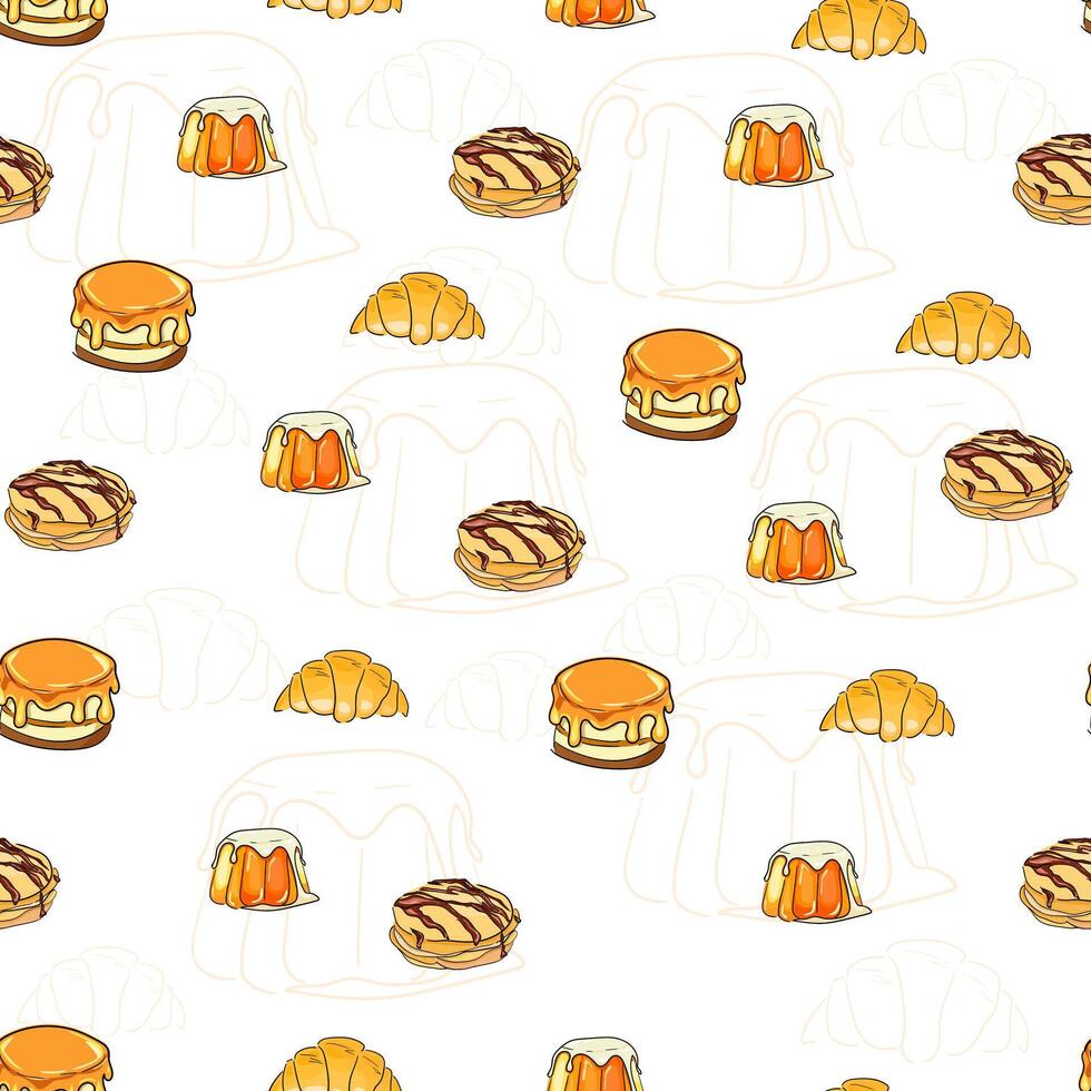 Pastry bakery and sweets jelly pudding, croissant and cake seamless pattern illustration. orange bright minimalistic pattern. vector