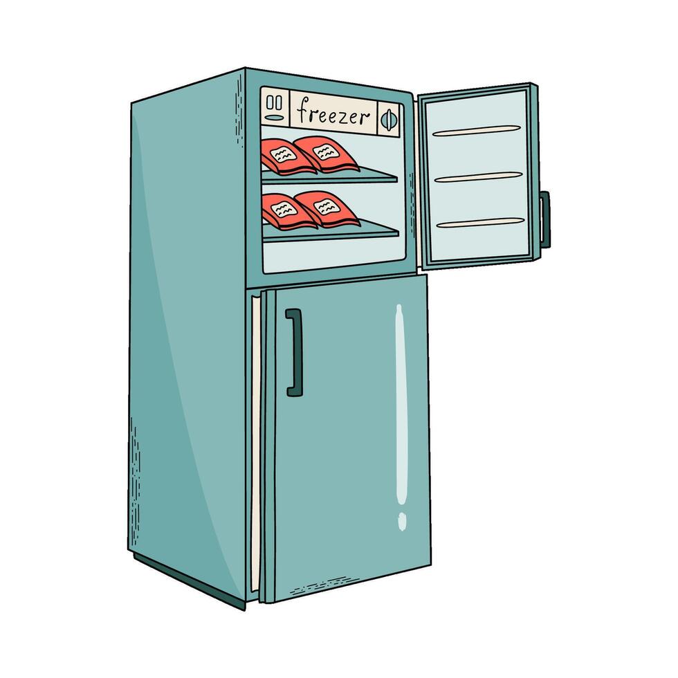 Hand drawn refrigerator. Household equipment for food storage. Open freezer with full shelves. Doodle style illustration isolated on transparent background. vector