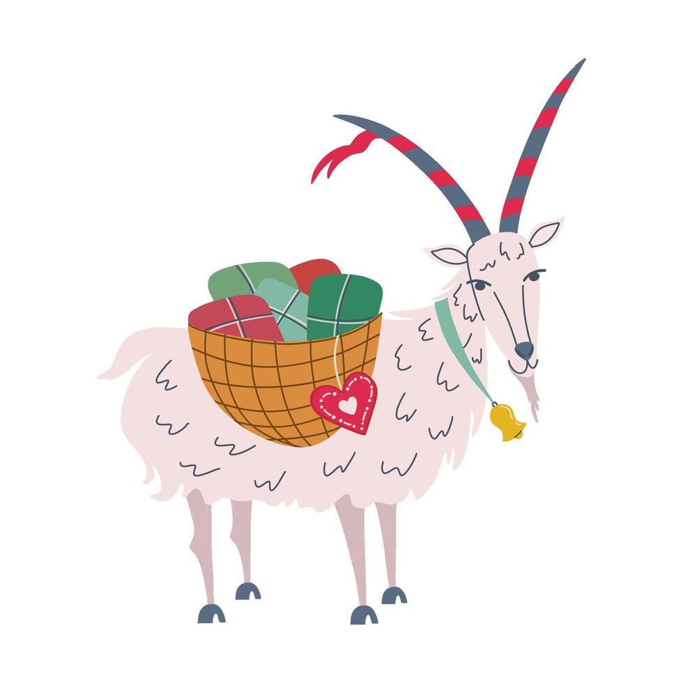 Yule goat, in Swedish julbock, with gifts in wicker basket. Traditional Scandinavian Christmas symbol. Ethnic folk art. Hand drawn flat design illustration. vector