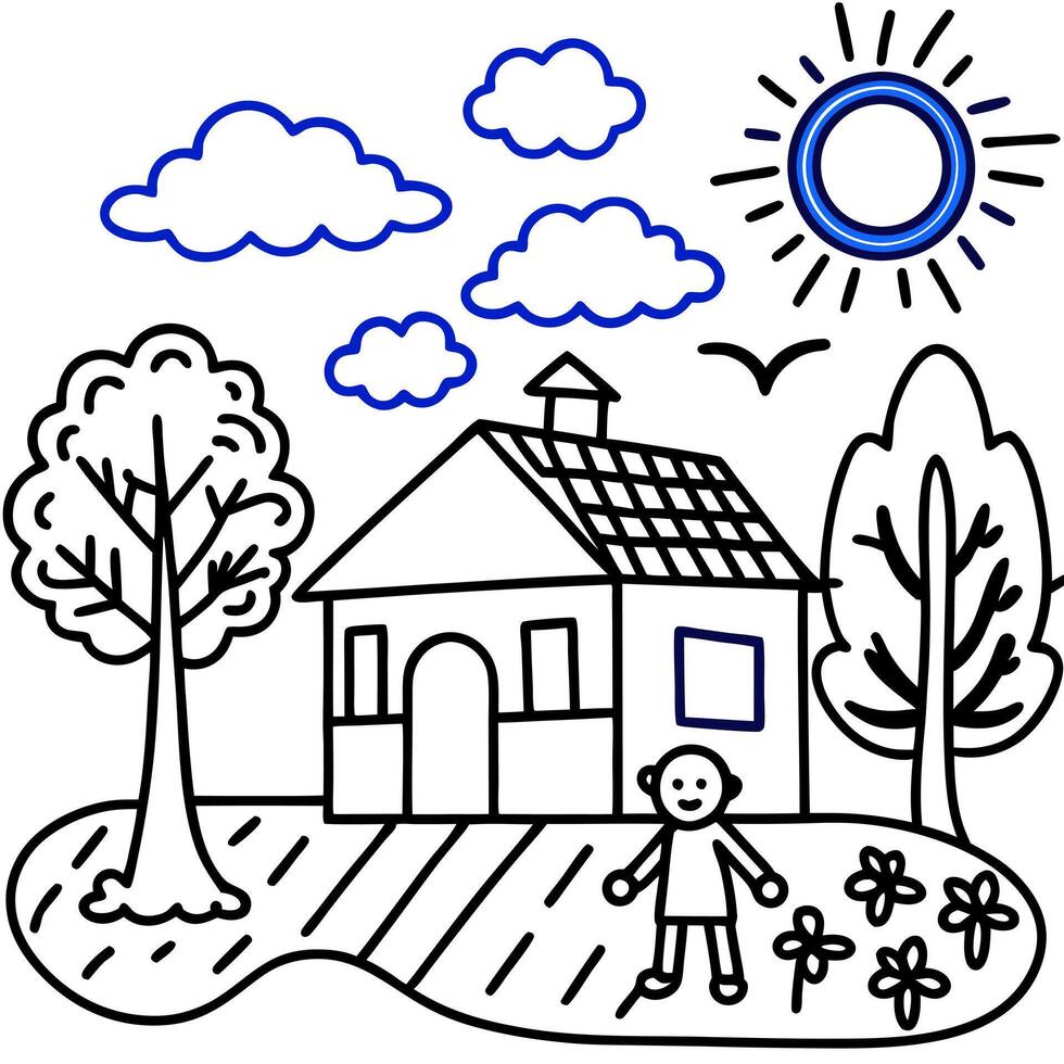 A child is standing in front of a house and trees vector