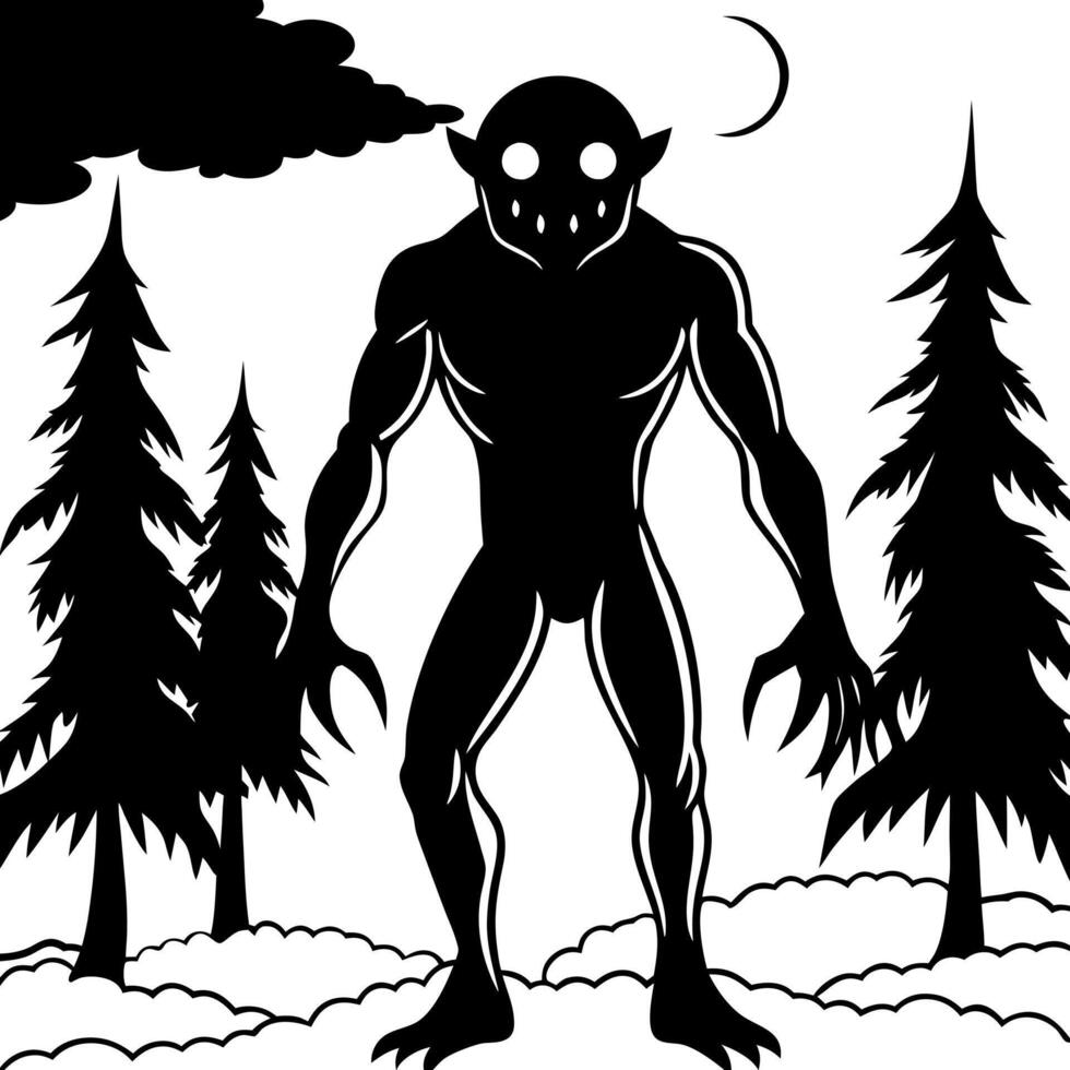A black and white illustration of a monster in the woods vector