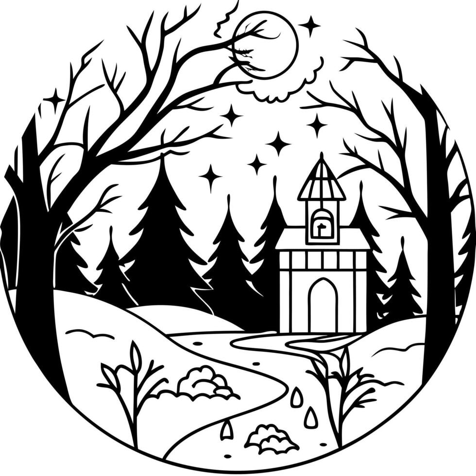 A black and white drawing of a forest and a house vector