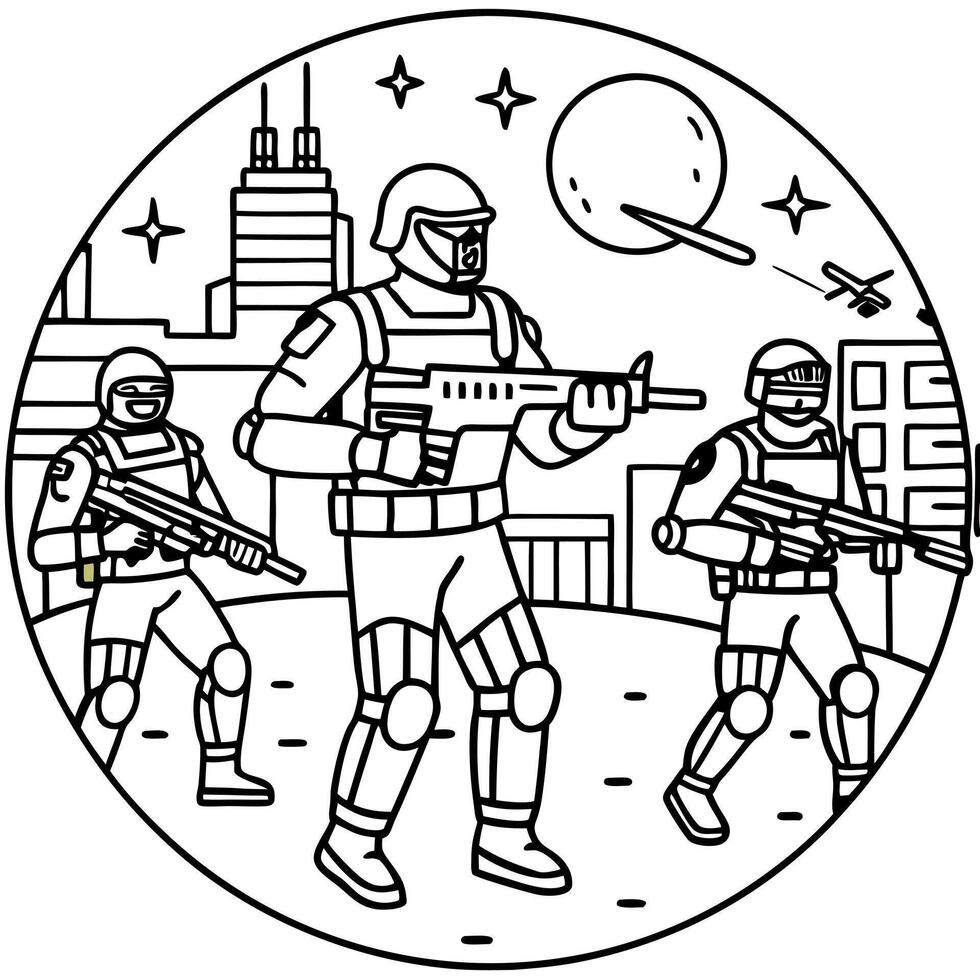 Coloring pages for kids with soldiers and guns vector